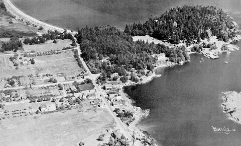 1950s Eastsound Aerial view of town and Madrona Point.